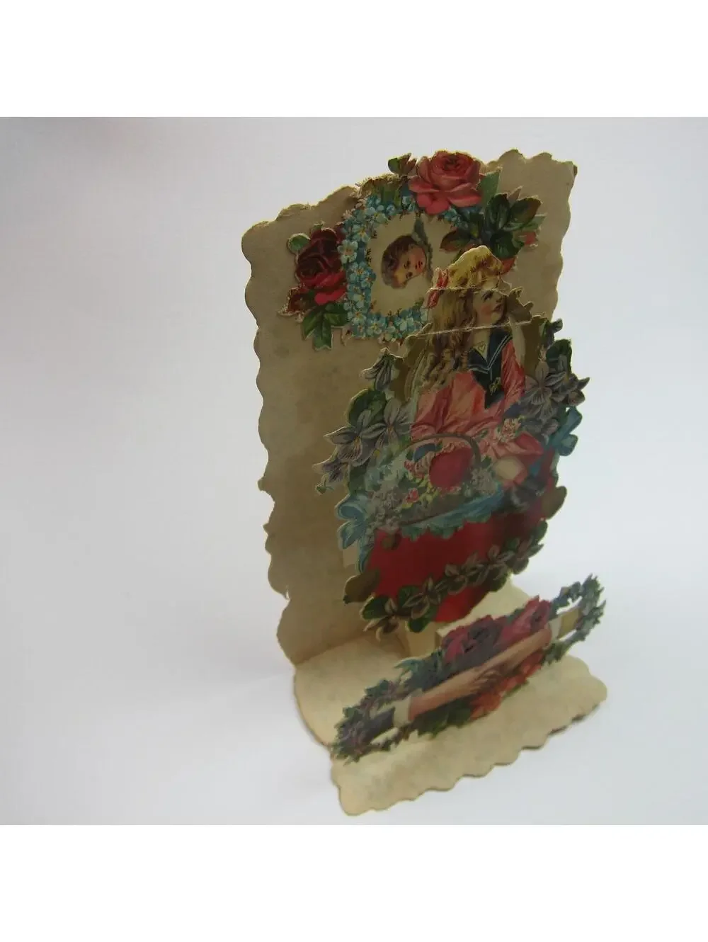 Vintage Valentine Pull Down Die Cut Stand Up Victorian Girl Flower Basket Roses